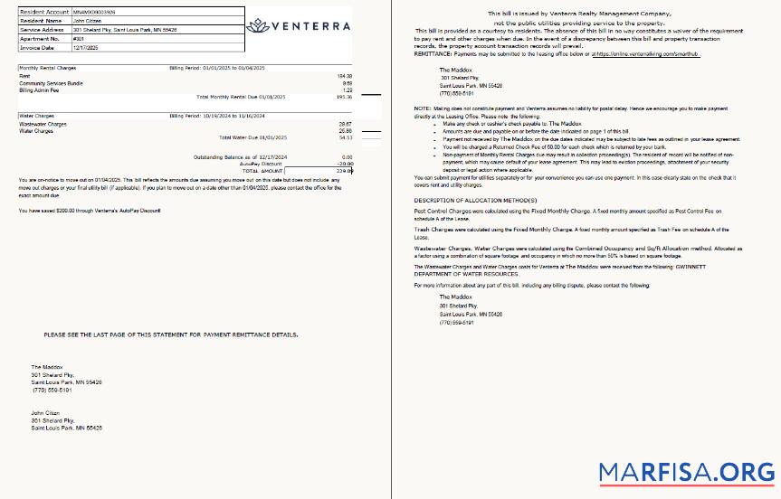 Blank USA Venterra utility bill template in Word and PDF formats, 2 pages